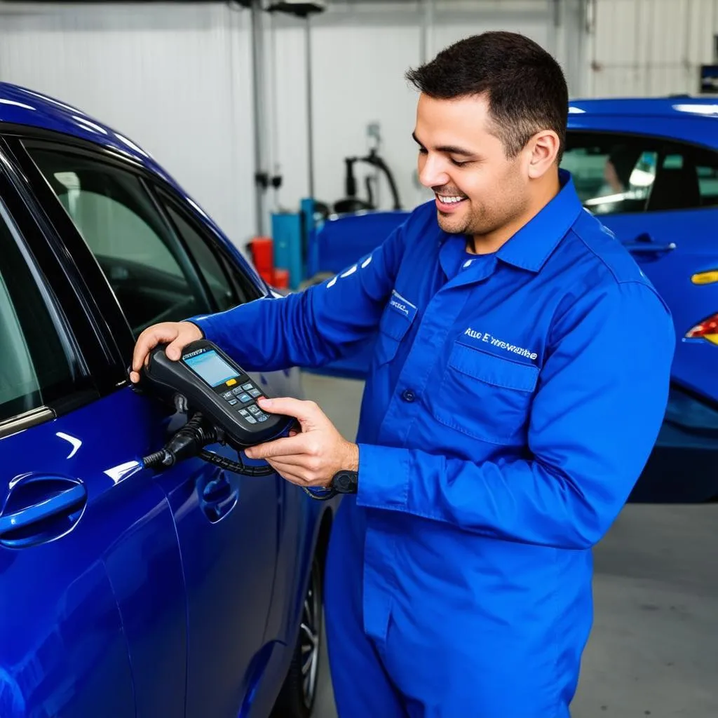 Mechanic using a dealer scanner on a European car