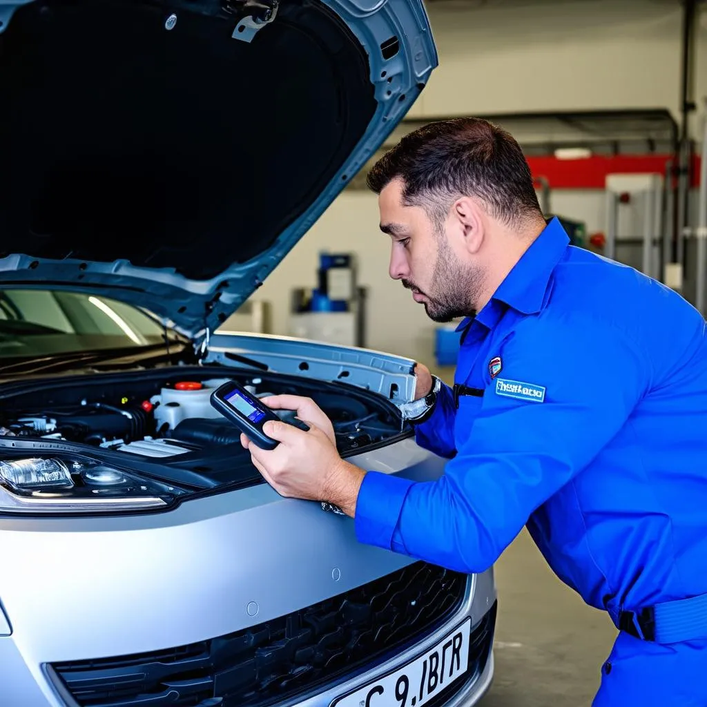 Mechanic using a diagnostic scanner on a vehicle