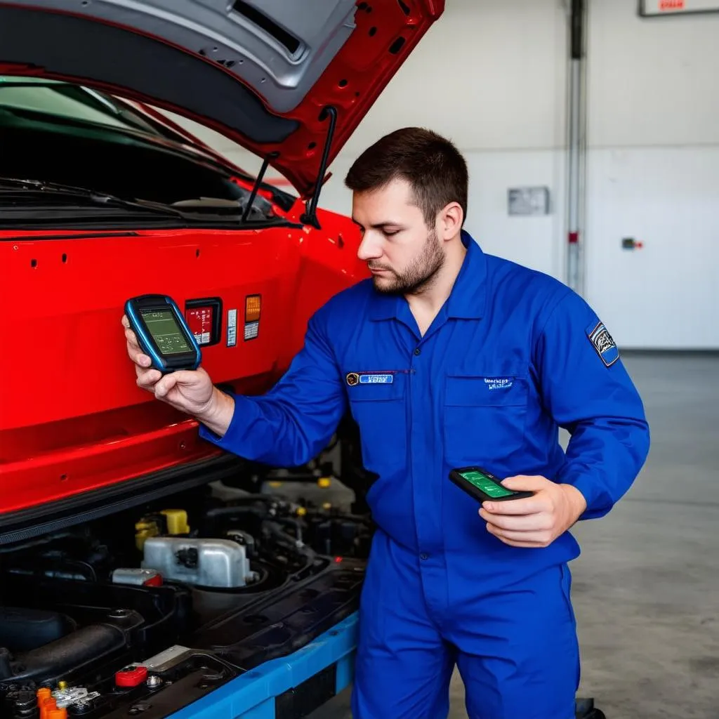 Mechanic using a diagnostic scanner on a car