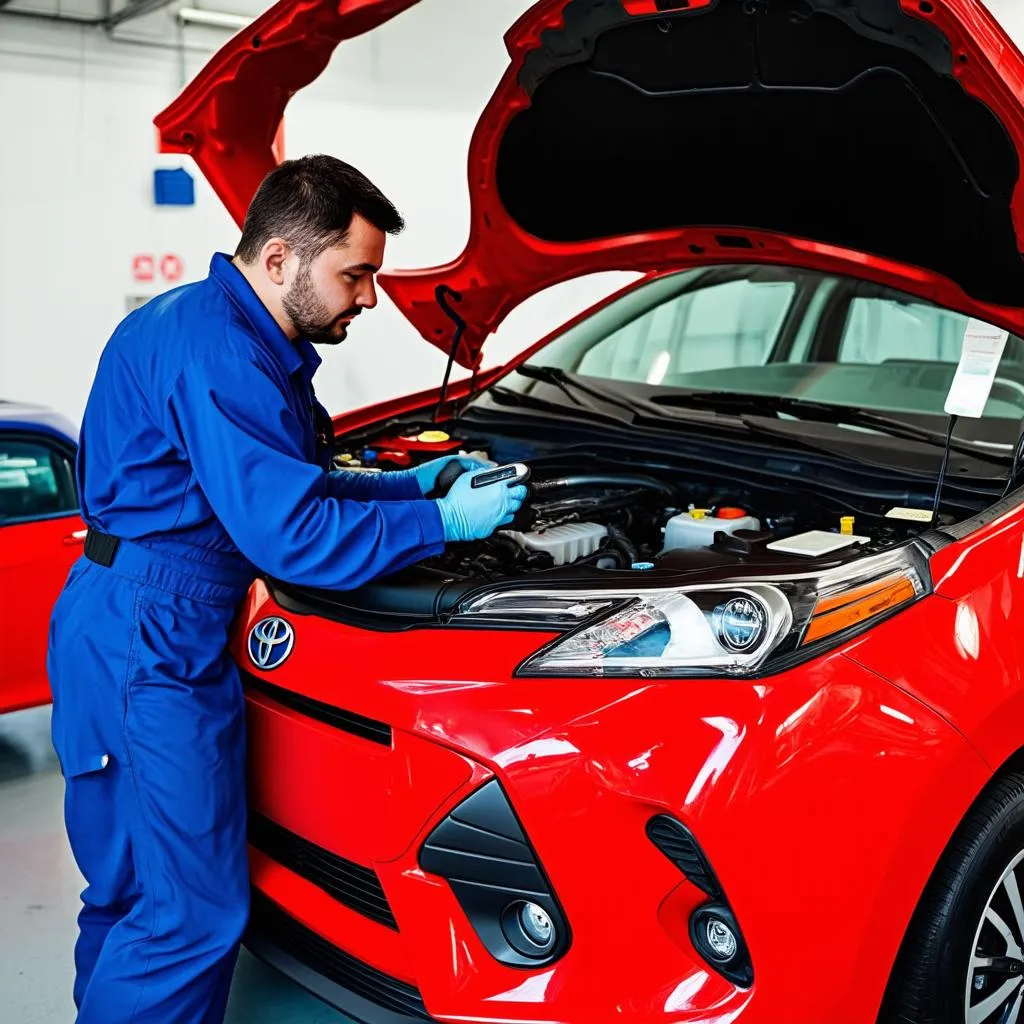 Mechanic Using Diagnostic Scanner on a Toyota