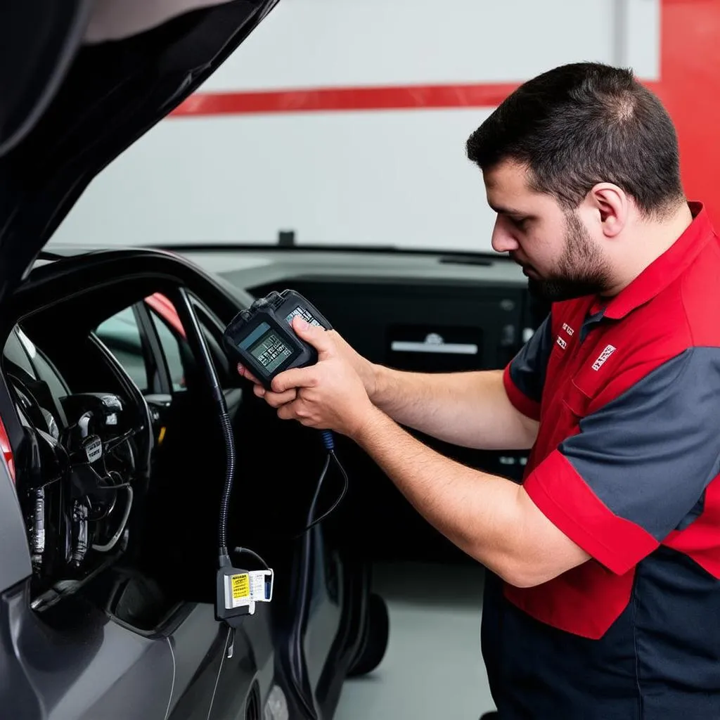 Mechanic using a diagnostic tool on a hybrid car