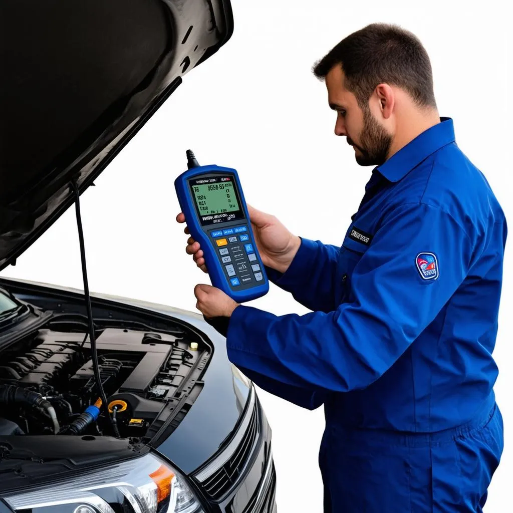 Mechanic using diagnostic tool on a car