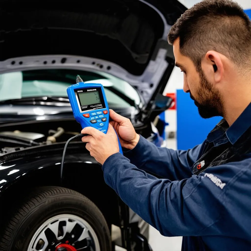 Mechanic Using Diagnostic Tool on a Modern Car