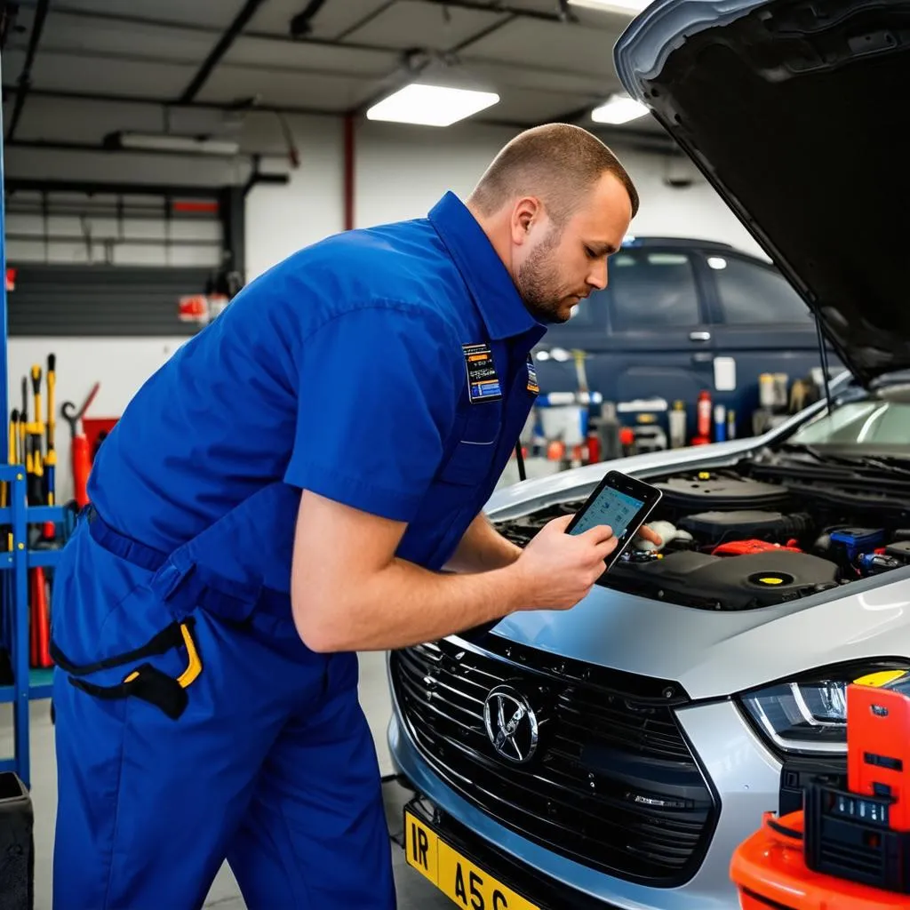 Mechanic Using Digital Tablet to Diagnose Car Problems