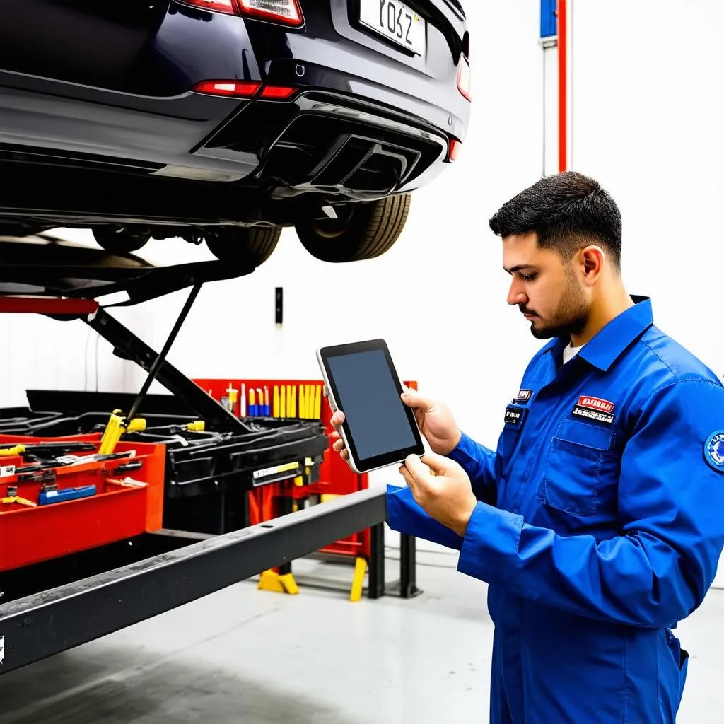 Mechanic Using a Digital Tablet in a Repair Shop