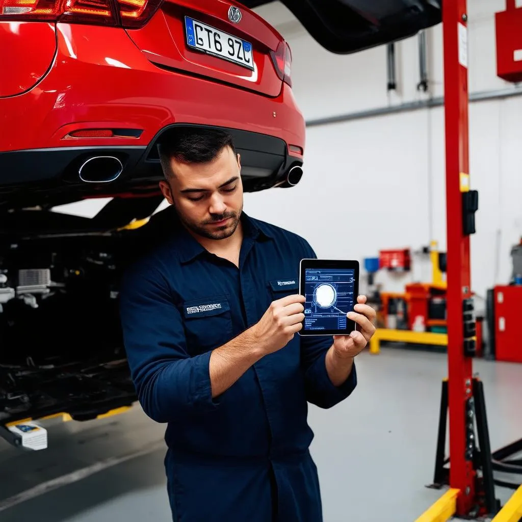 Mechanic Using Digital Tablet in Repair Shop