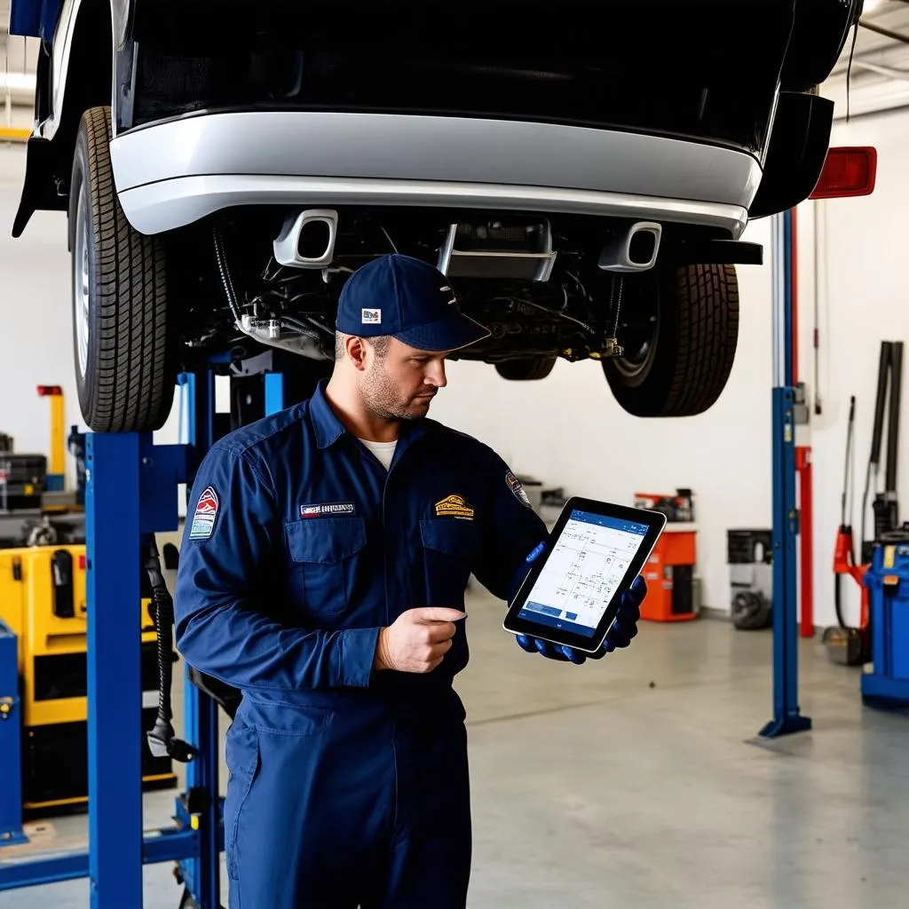 Mechanic Using Digital Tablet While Examining Car Engine