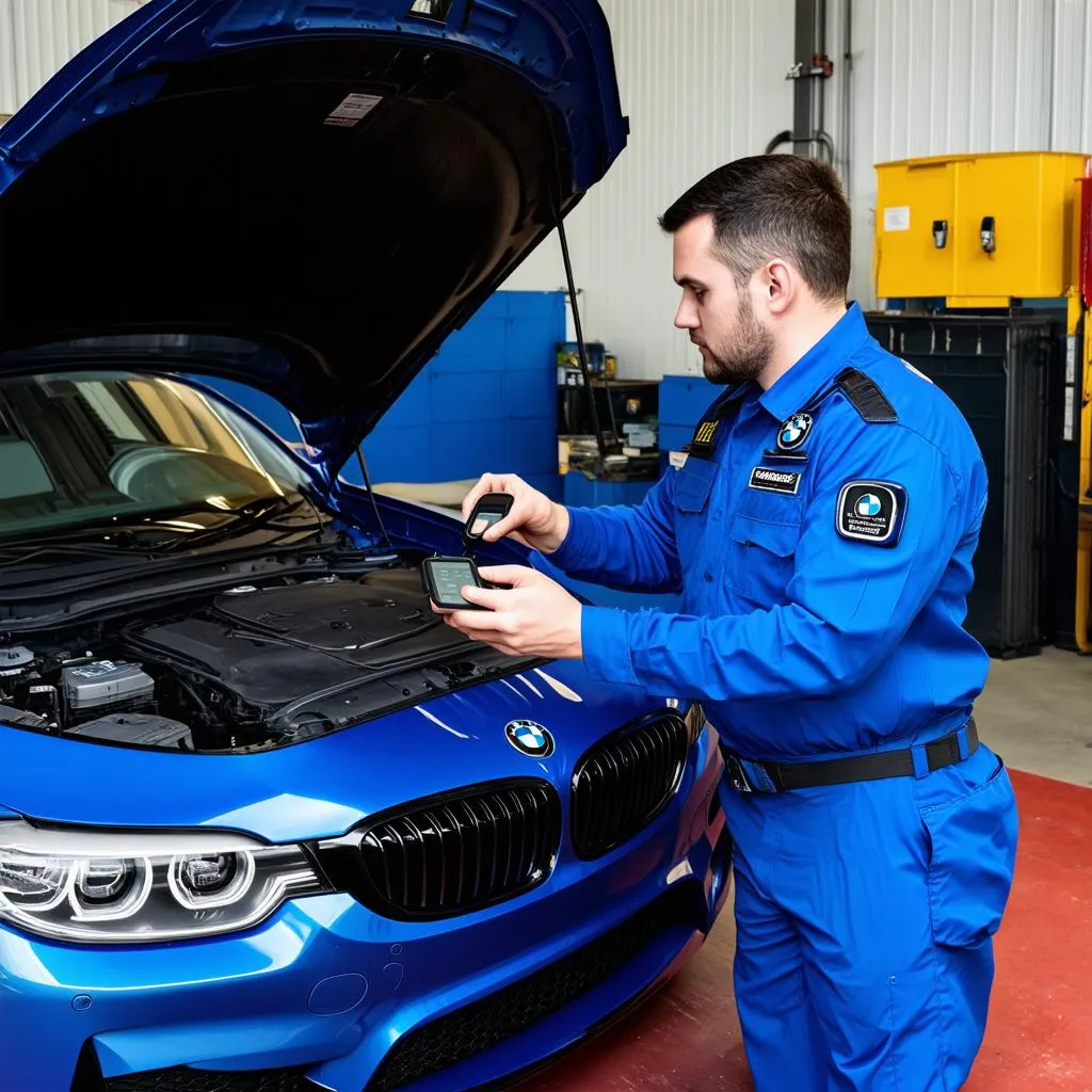 Mechanic using Klavkarr scanner on a BMW