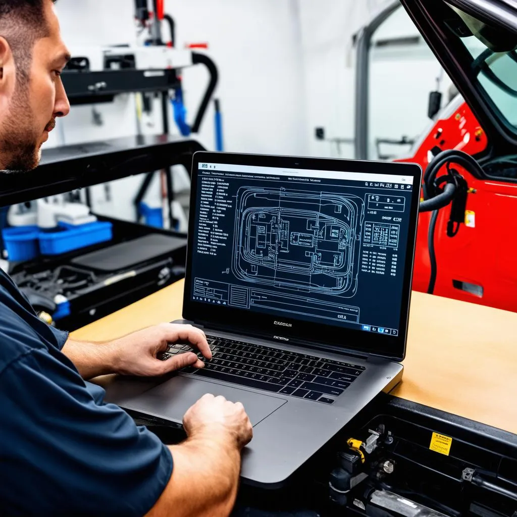 Mechanic using a laptop for car diagnostics