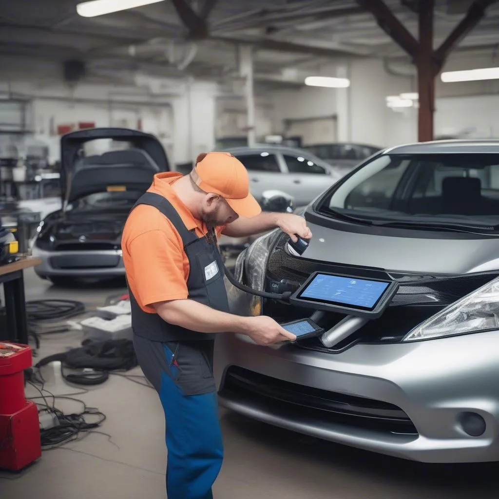 Mechanic Analyzing Leaf Data with OBD Scanner