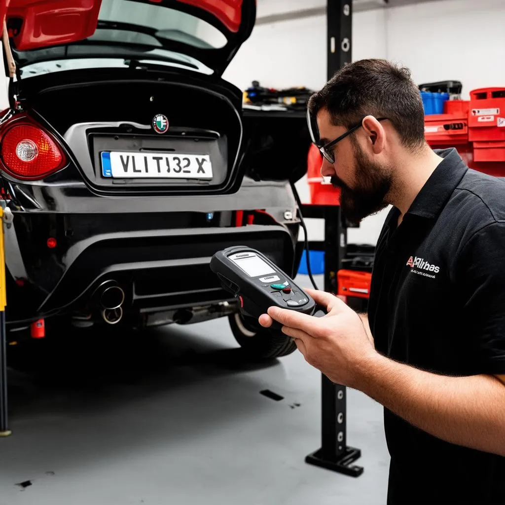 Mechanic using an OBD-II scanner on an Alfa Romeo MiTo