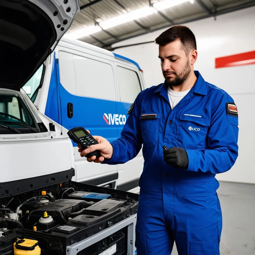 Mechanic using an Iveco Daily OBD reader