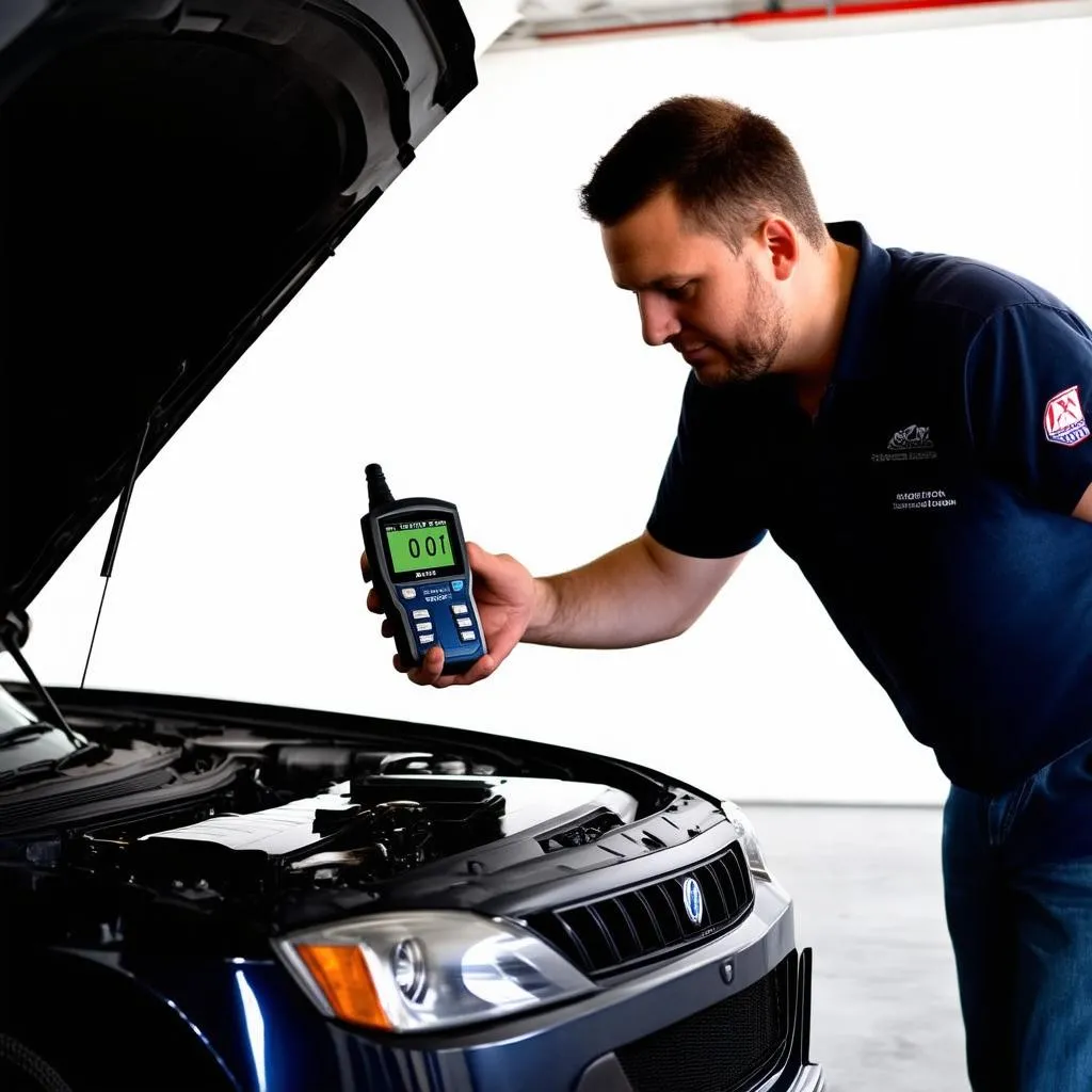 Mechanic using an Advance Auto OBD reader to diagnose a car problem