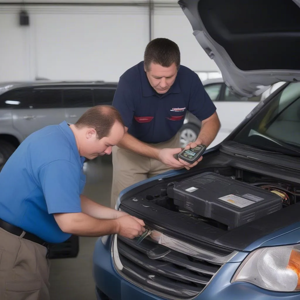 Mechanic using OBD reader to diagnose car problem