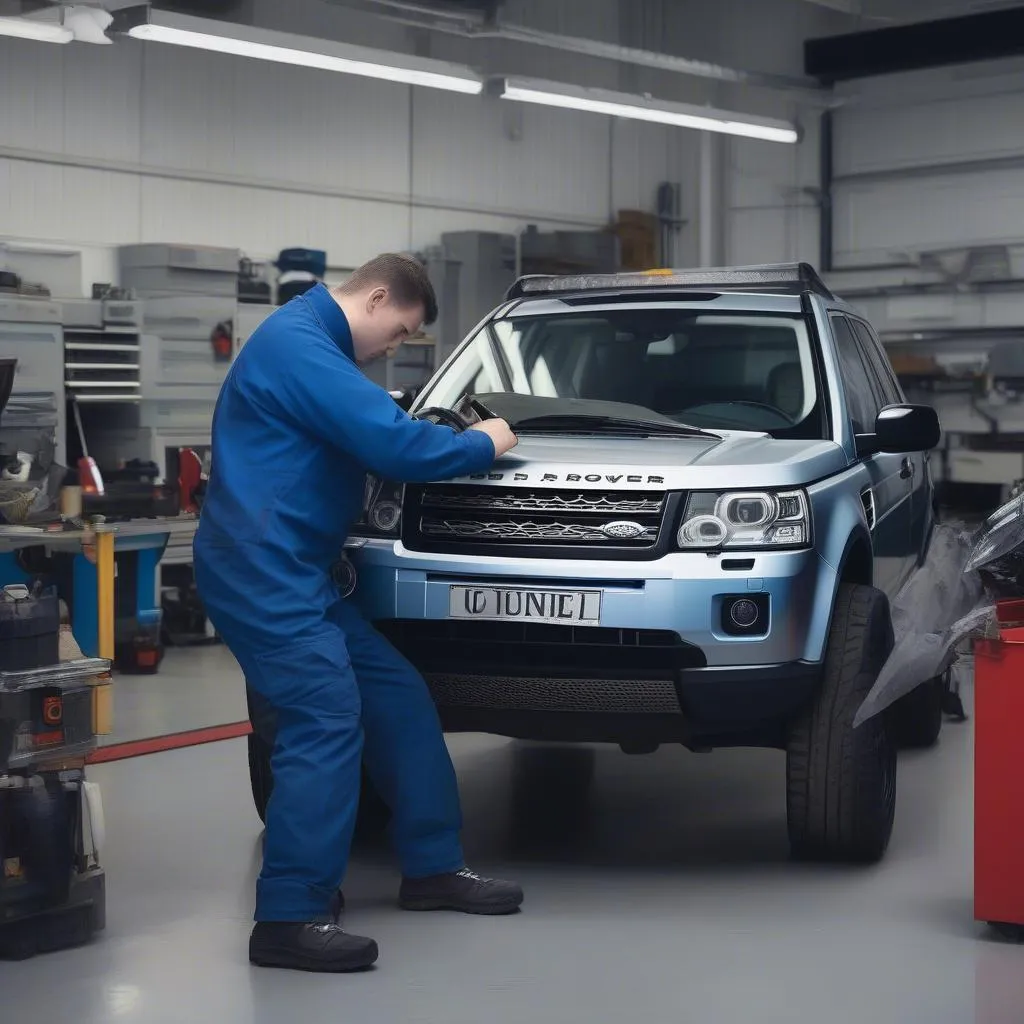 Mechanic diagnosing a Land Rover Freelander 2 with an OBD reader in a workshop