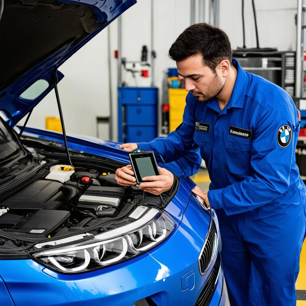 Mechanic using an OBD reader on a BMW in a workshop