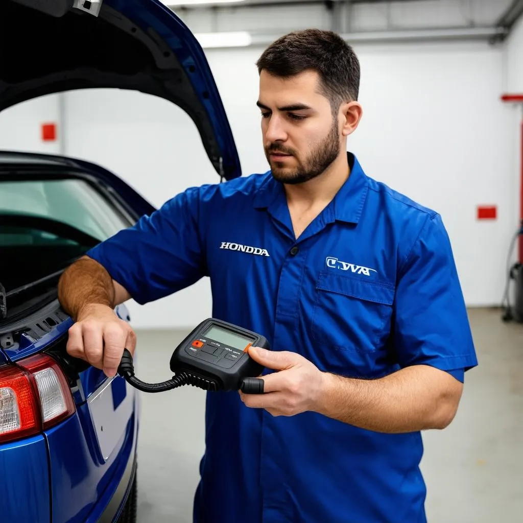 Mechanic Using OBD Scanner on Honda CRV