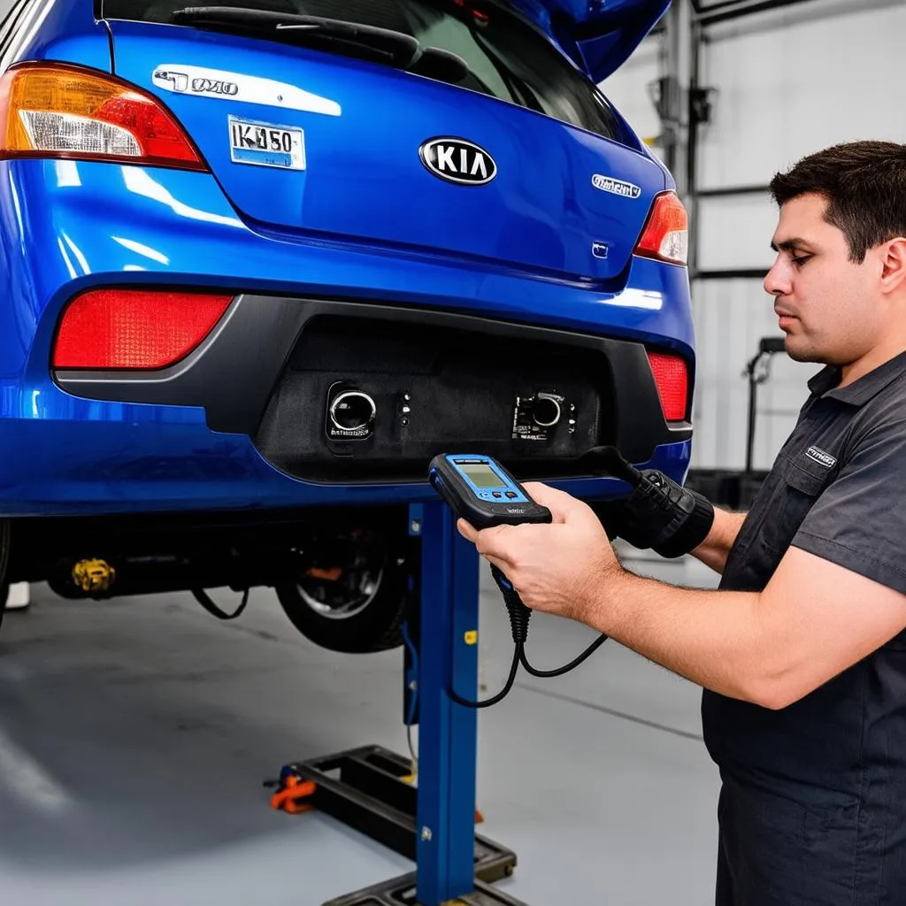 Mechanic Using OBD Scanner on Kia Rio