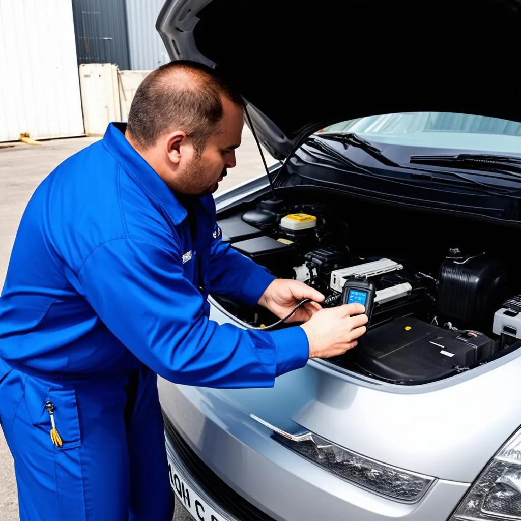 Mechanic diagnosing a car using an OBD-II scanner