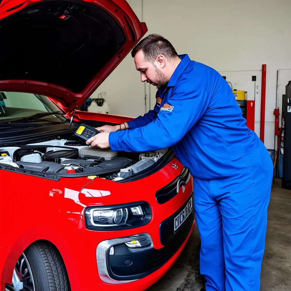 Mechanic using OBD scanner on a Citroen car