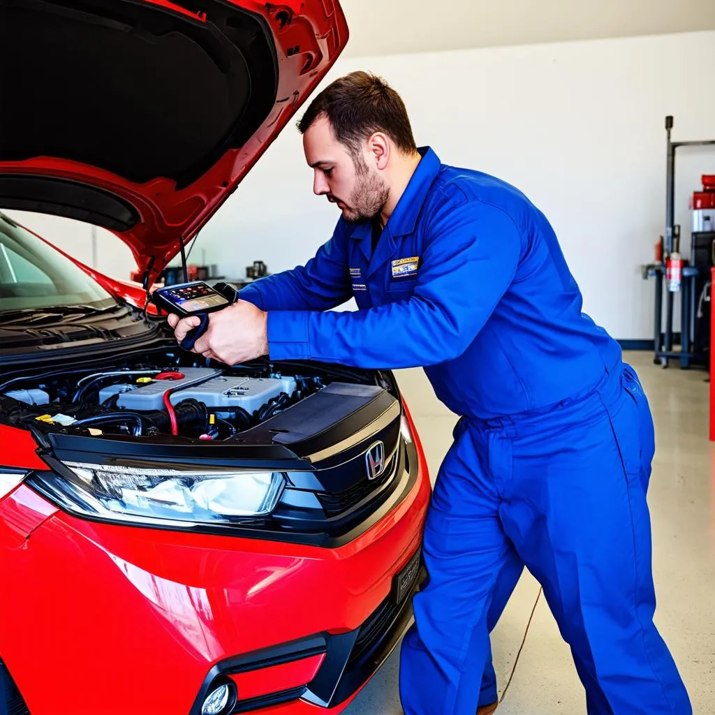 Mechanic Using OBD Scanner on Honda Civic