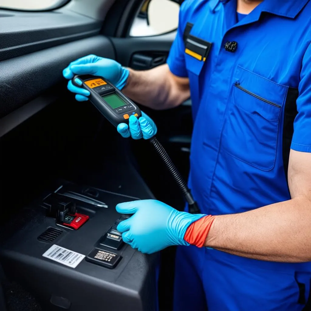 Mechanic Using OBD Scanner on a Car