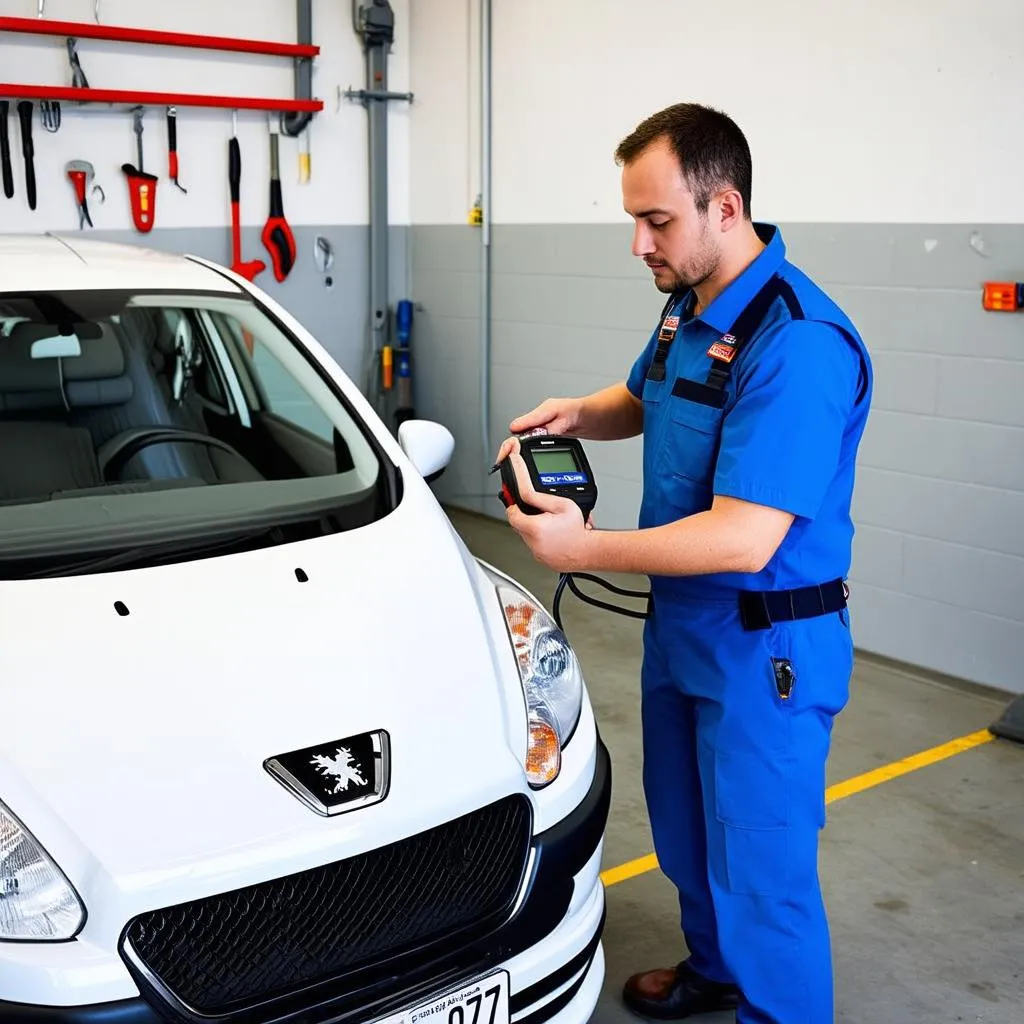 Mechanic using OBD scanner on a Peugeot