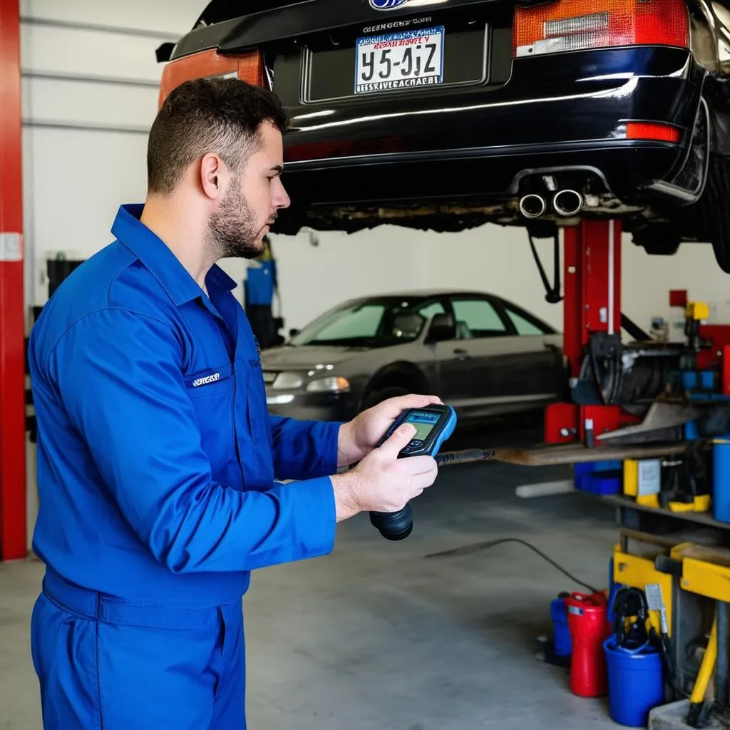 Mechanic using an OBD scanner on a car