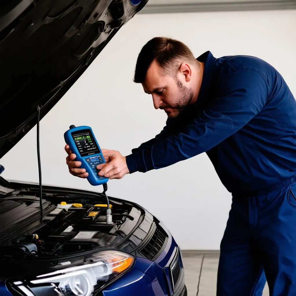 Mechanic using a professional OBD scanner to diagnose a car problem in a workshop.