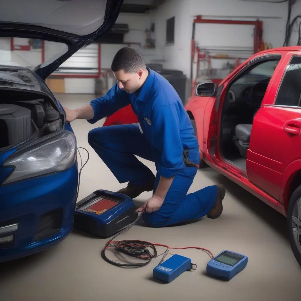 Mechanic using OBD scanner on a car