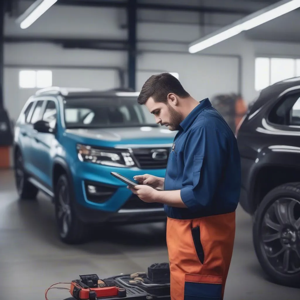 Mechanic using OBD-II Bluetooth Adapter