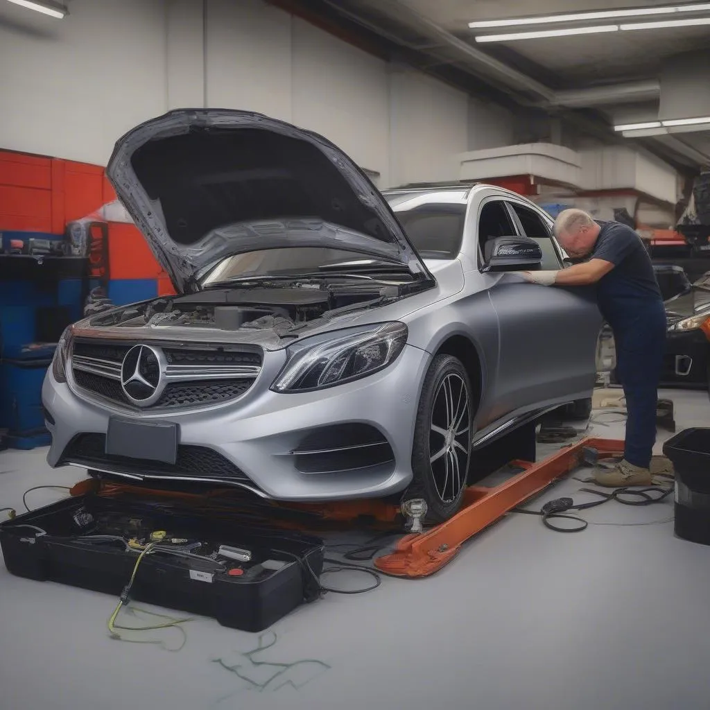 Mechanic Using OBD Scanner on a European Car