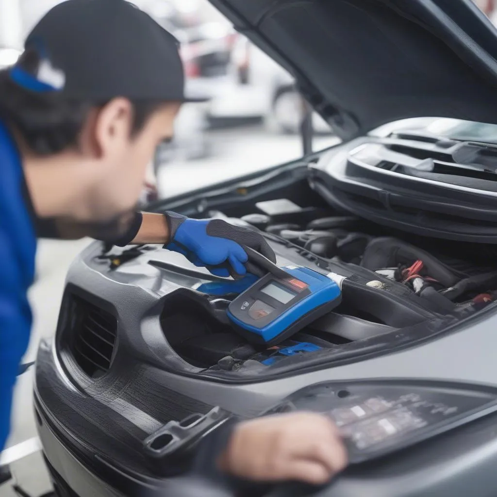 Mechanic Connecting OBD Scanner to Car's OBD Port