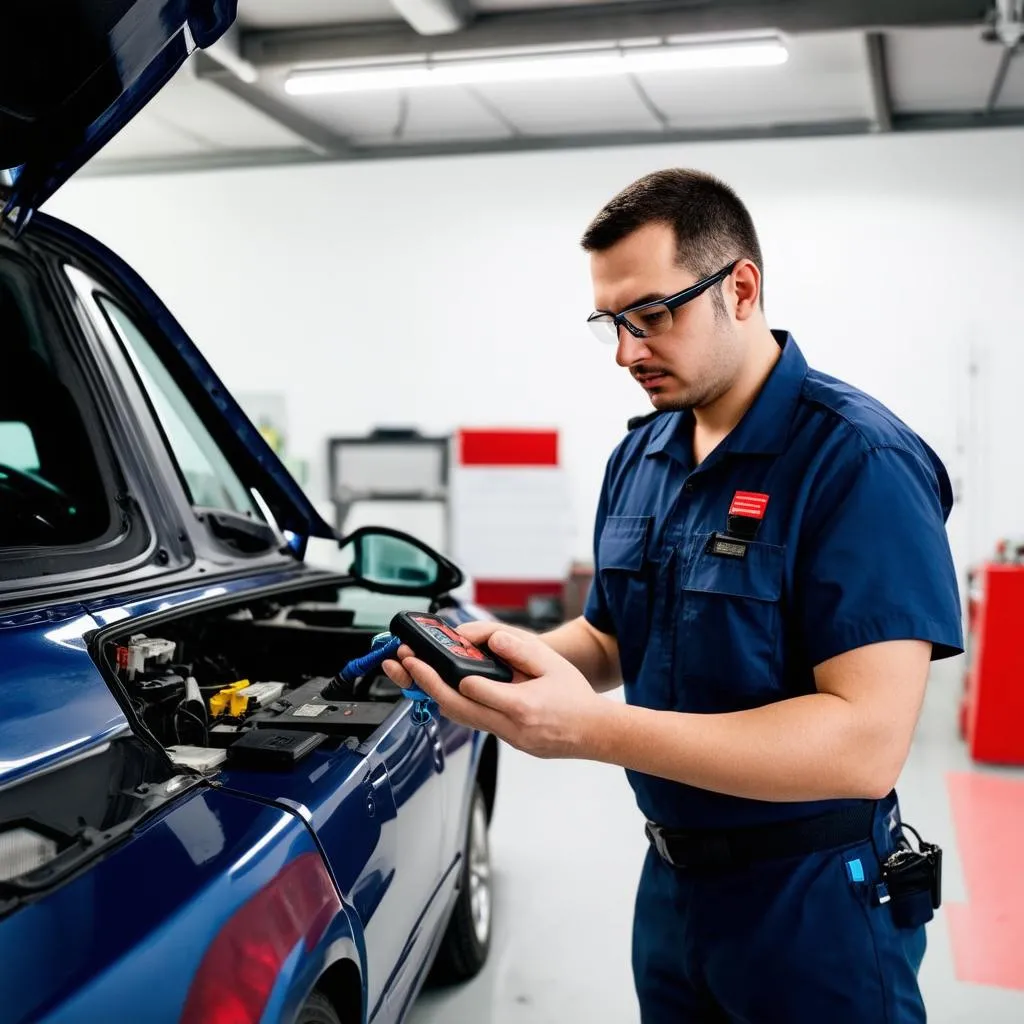 Mechanic using an OBD scanner on a car