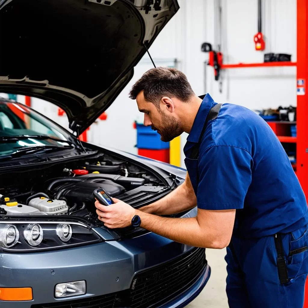 mechanic using obd scanner on car