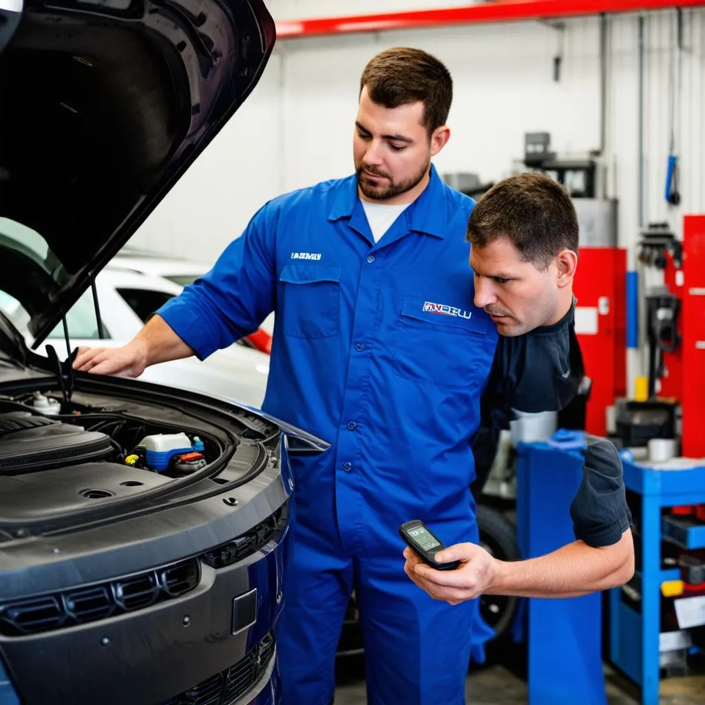 Mechanic using OBD scanner on car in garage