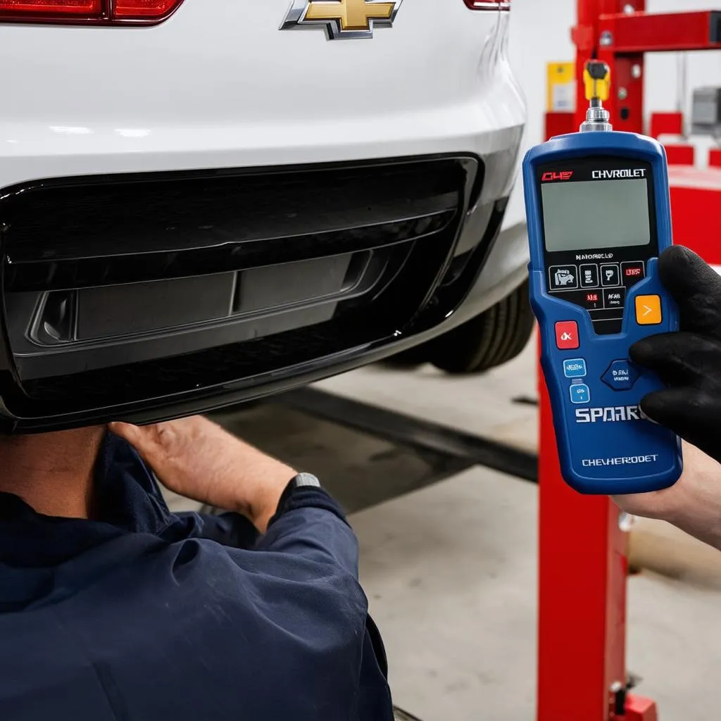 Mechanic Using OBD Scanner on Chevrolet Spark