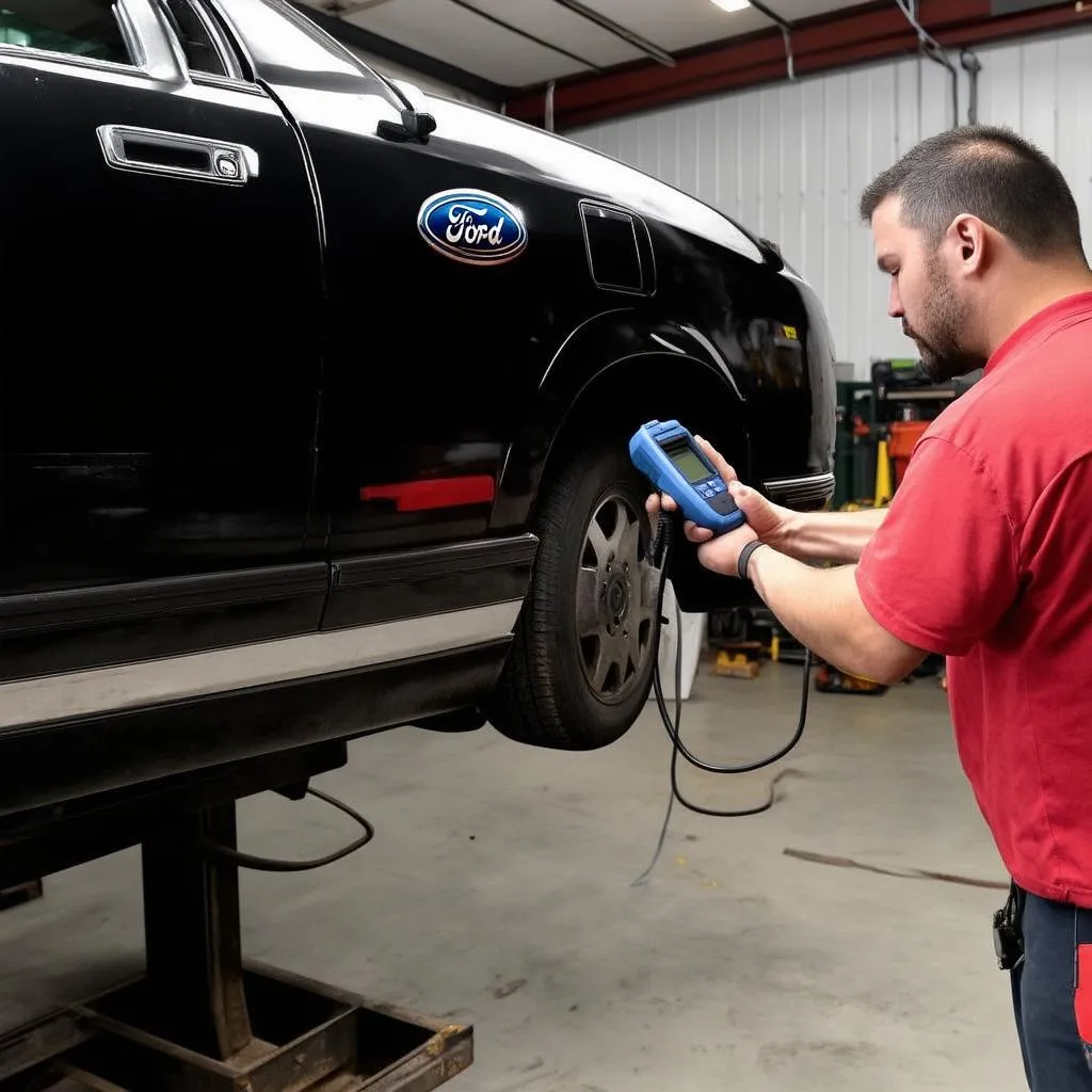 Mechanic Using OBD Scanner on Crown Vic