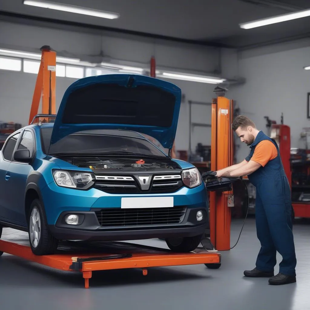 Mechanic using OBD Scanner on Dacia Sandero