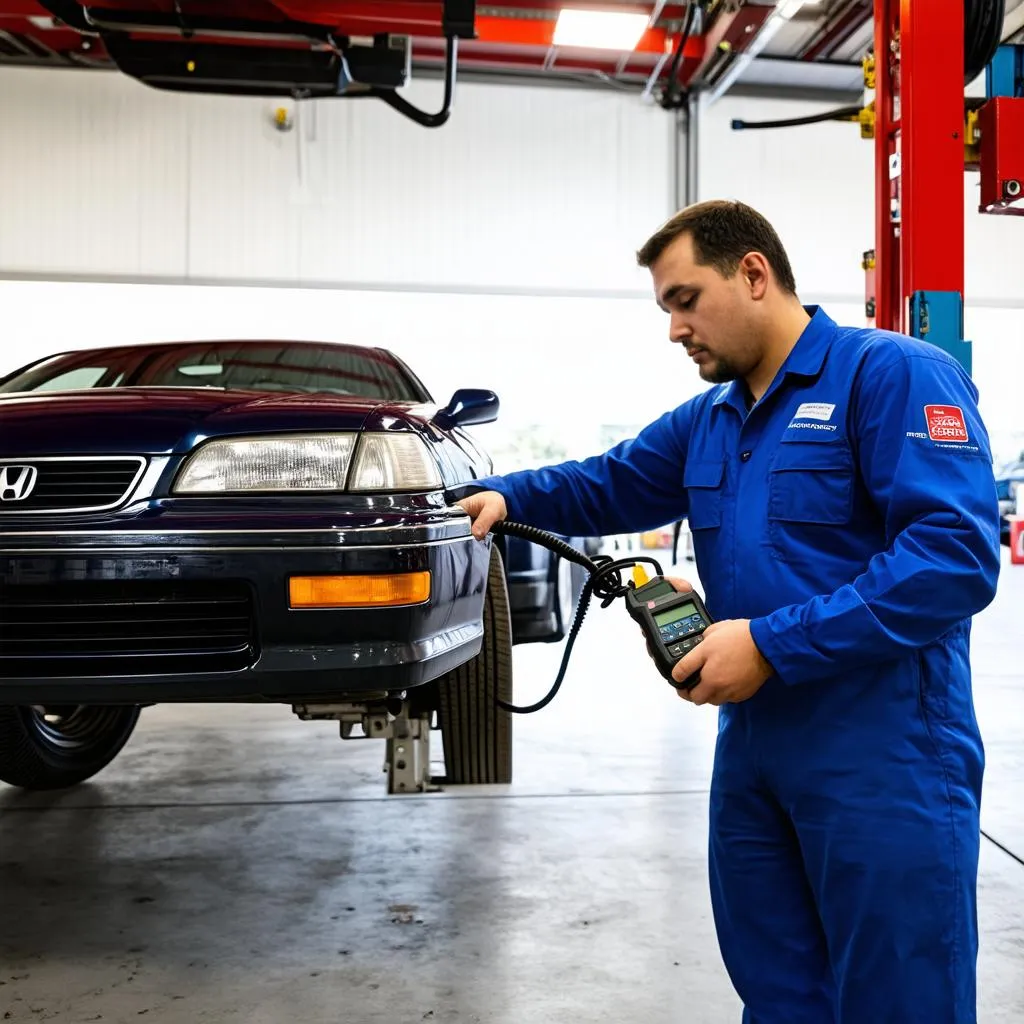 Mechanic Using OBD Scanner on Honda Accord