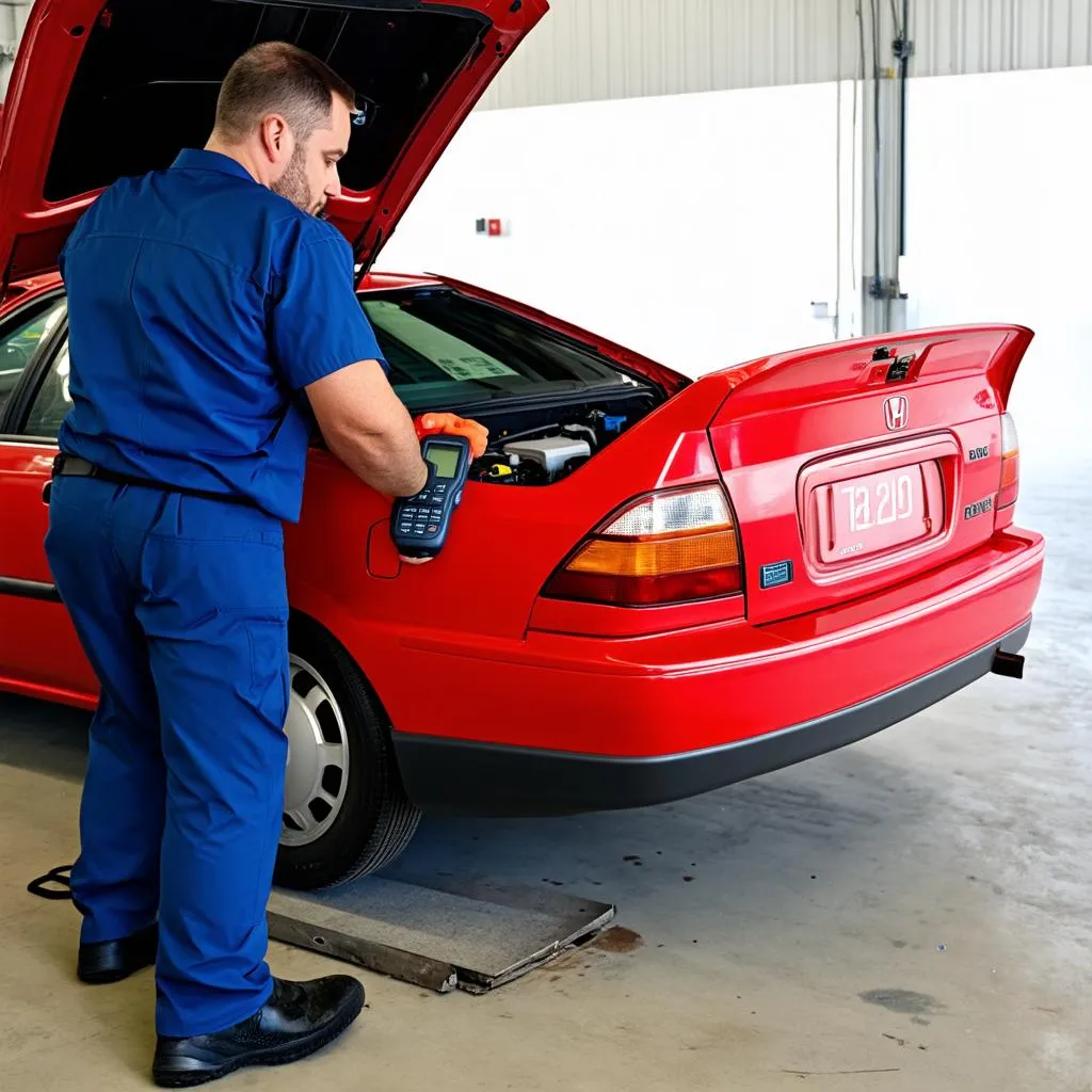 Mechanic diagnosing a car issue with OBD2 scanner