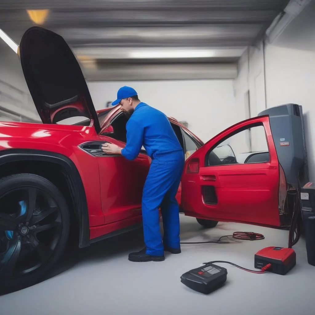 Mechanic using OBD2 scanner on a car