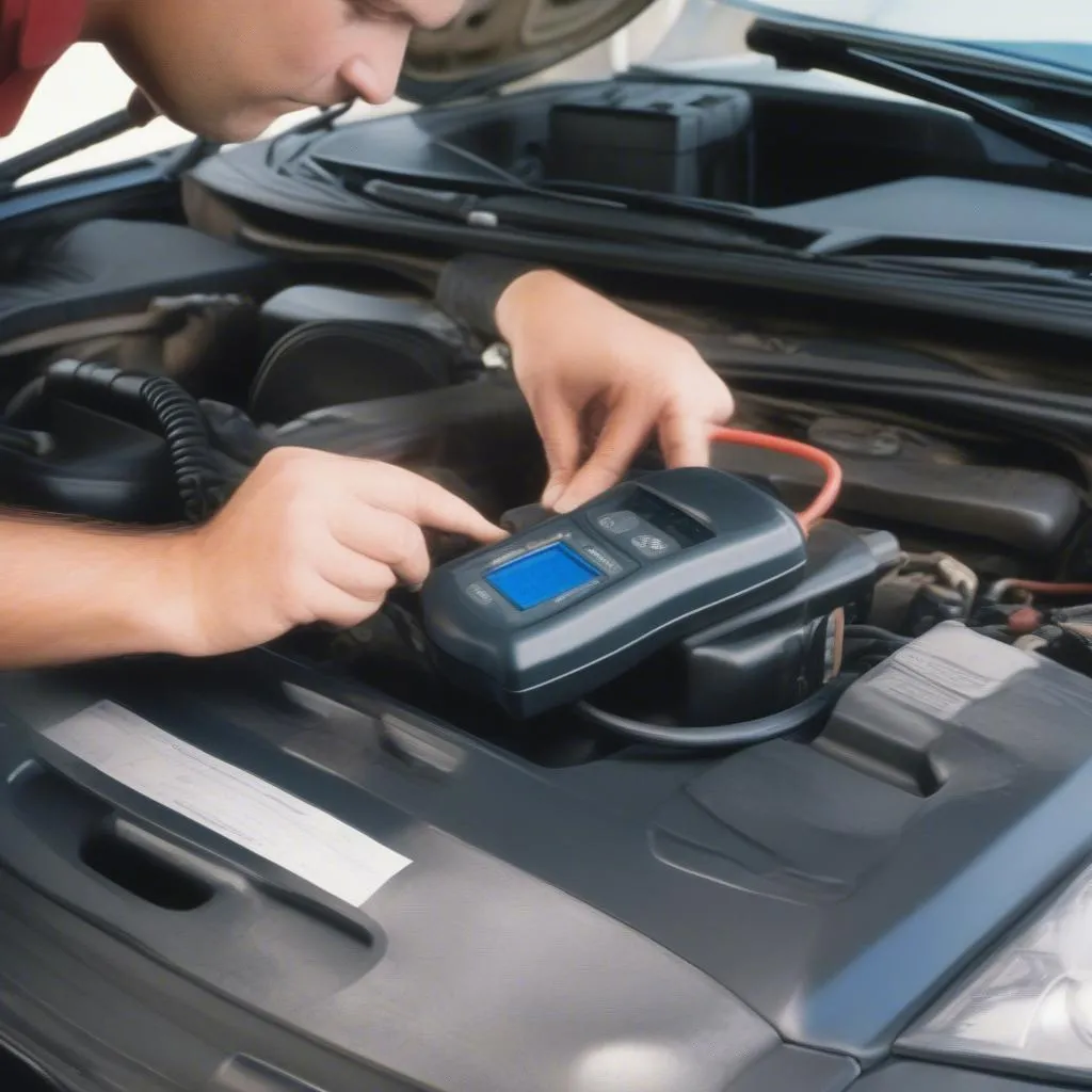 Mechanic using OBD2 scanner on a Chrysler LHS