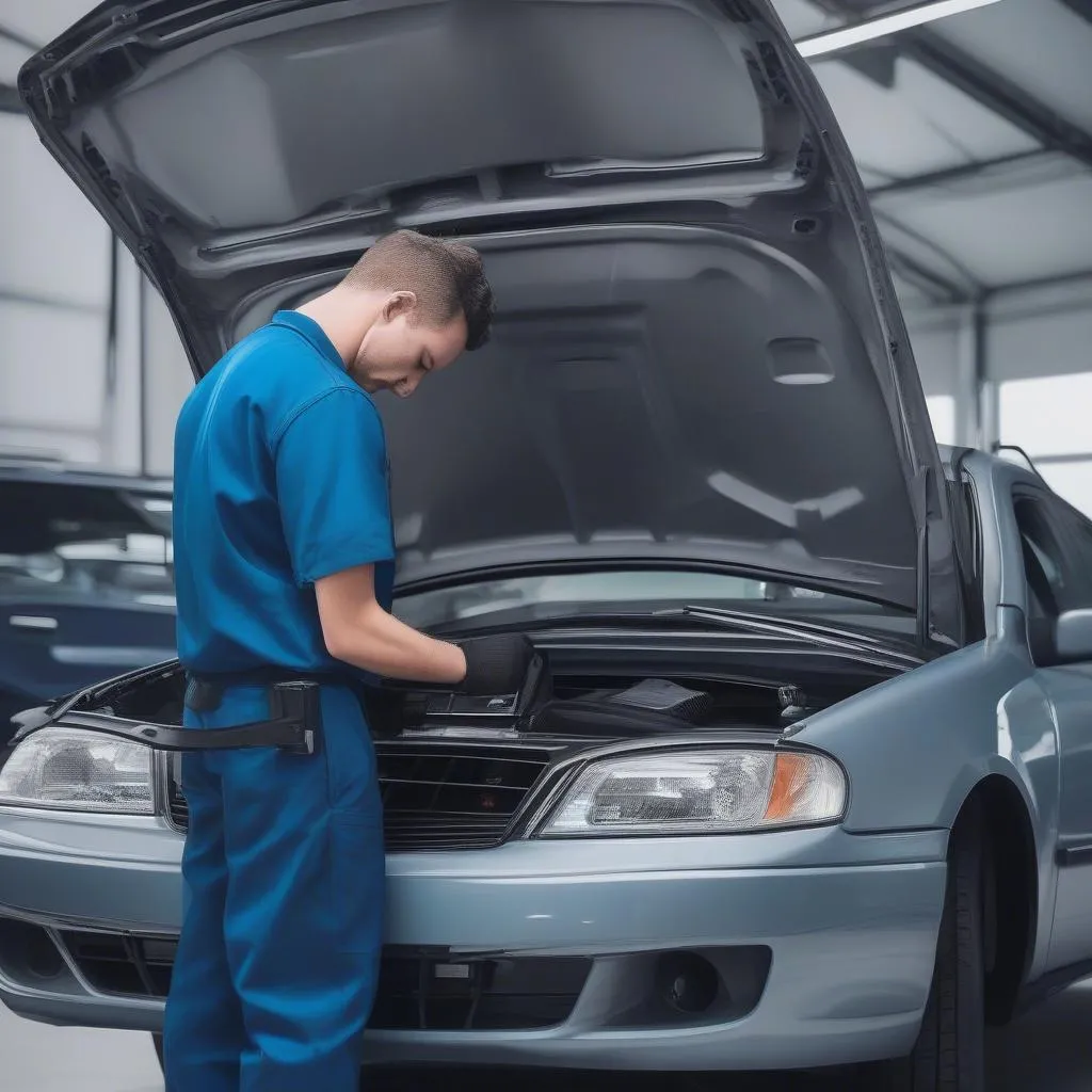 Mechanic connecting an OBD2 scanner to a car's port