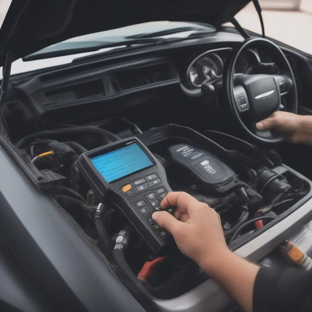 Mechanic Using OBD2 Scanner on Chrysler 300C