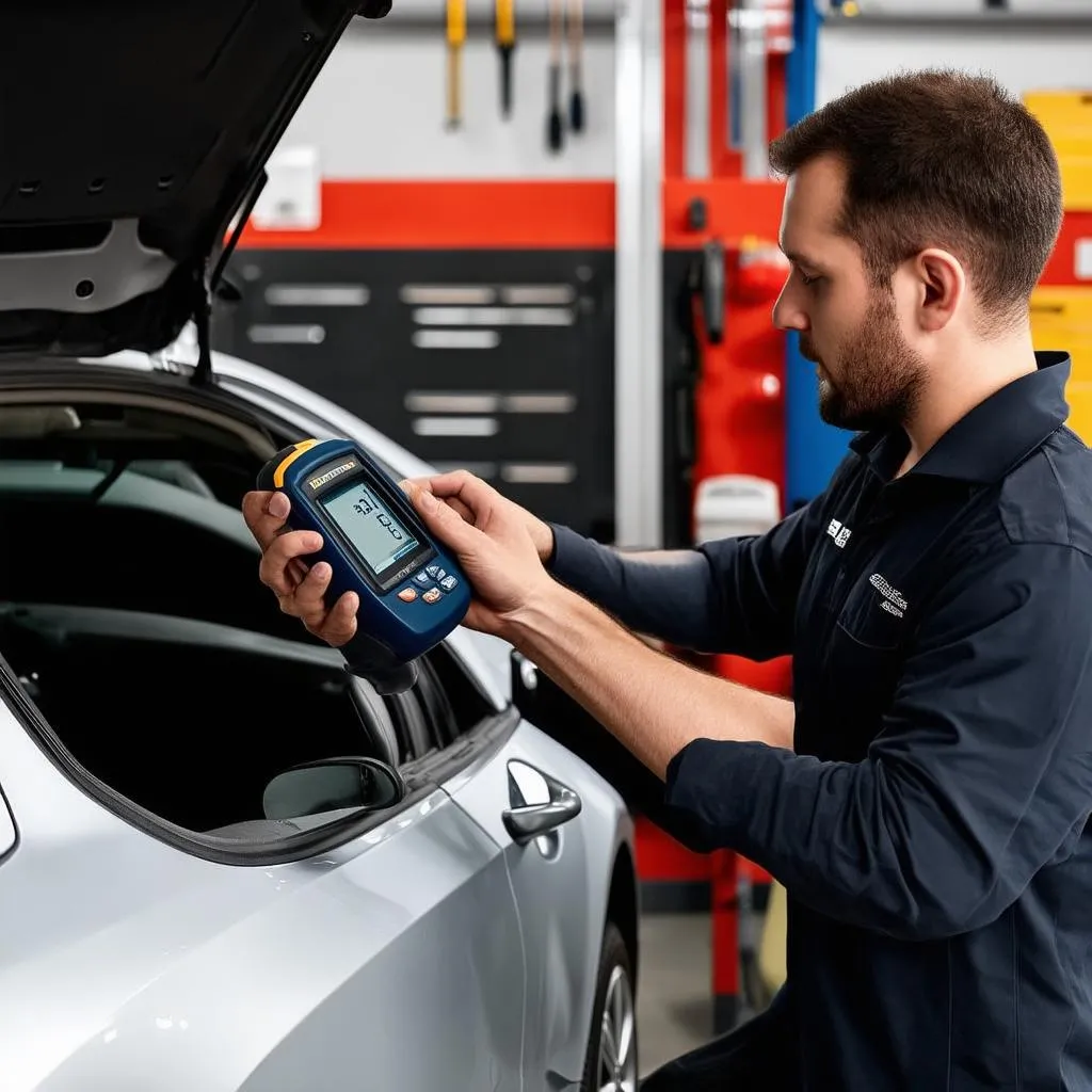 A mechanic using a professional diagnostic scanner on a car in a well-equipped auto repair shop.