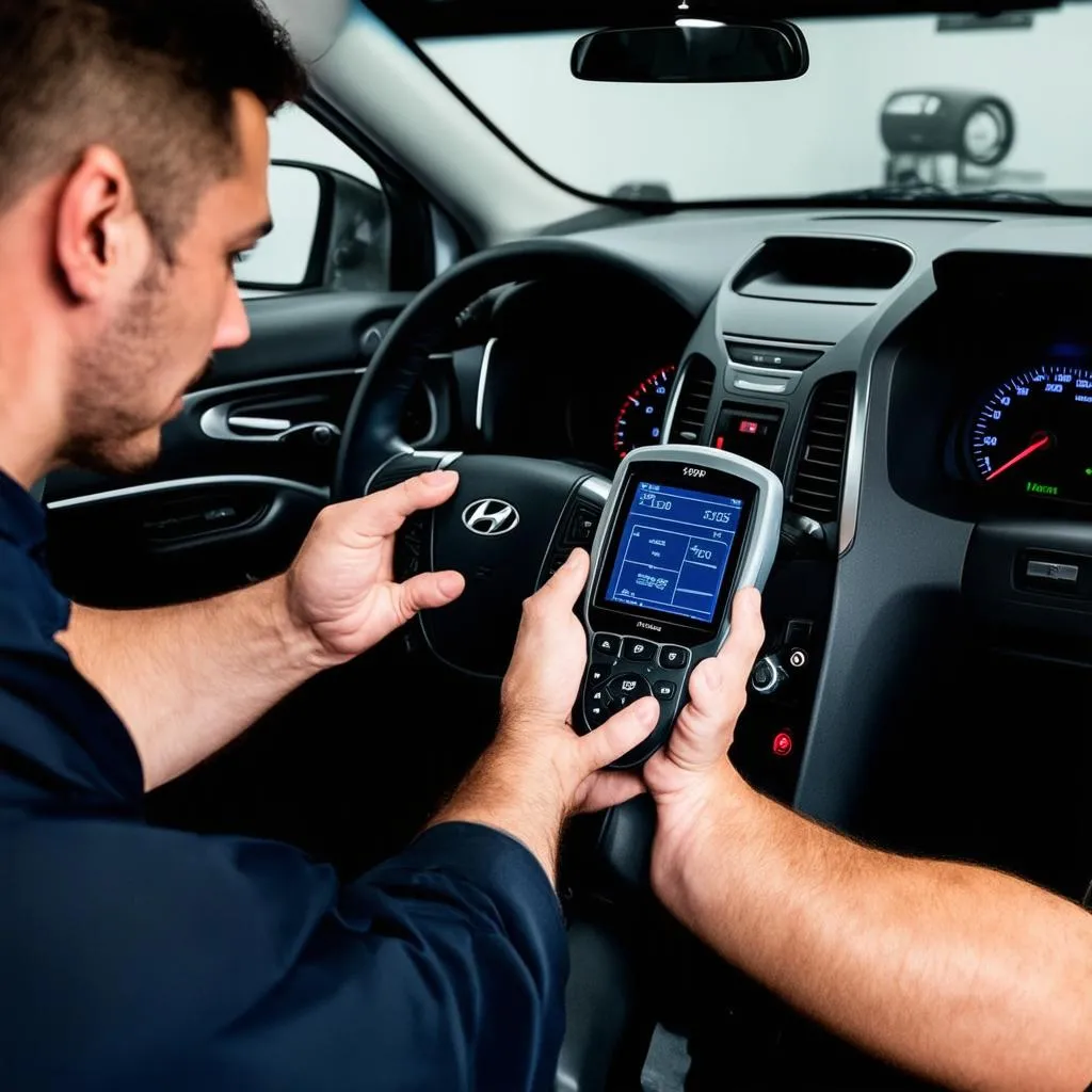 car mechanic using a scanner