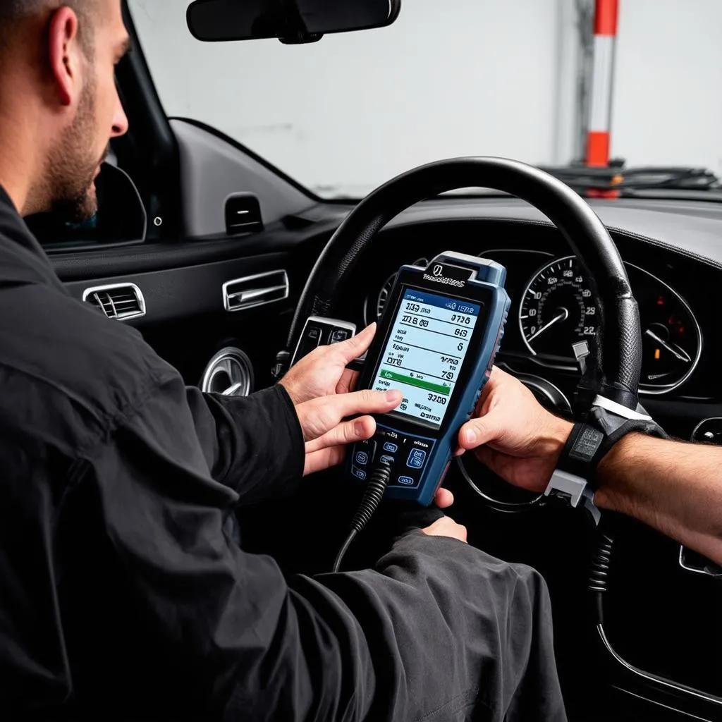 Mechanic Using Scanner on a Mercedes-Benz