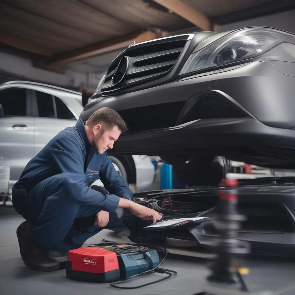 Mechanic Using a Bosch Scanner on a European Car