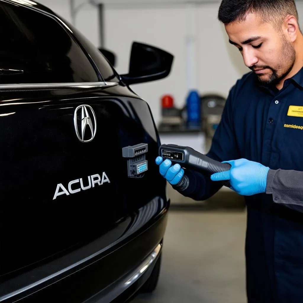 Mechanic using a scanner on an Acura MDX